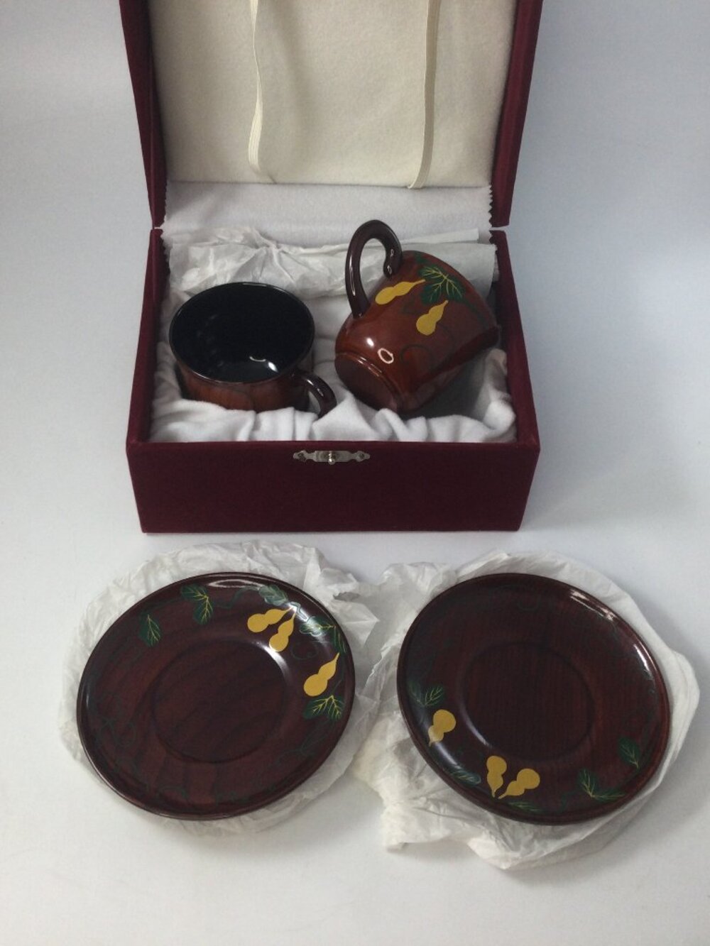 Vintage Dark Red Lacquered Tea Coffee Cups Saucers Spoons Velvet Box Set of 2